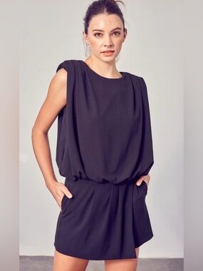 Classic Black Sleeveless strong shoulder skort romper